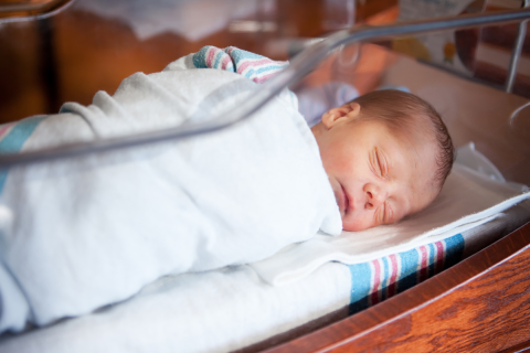 A newborn baby wrapped in a blanket sleeping.