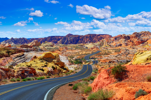 Colorful rock formations and a road in Valley of Fire state park in Nevada.